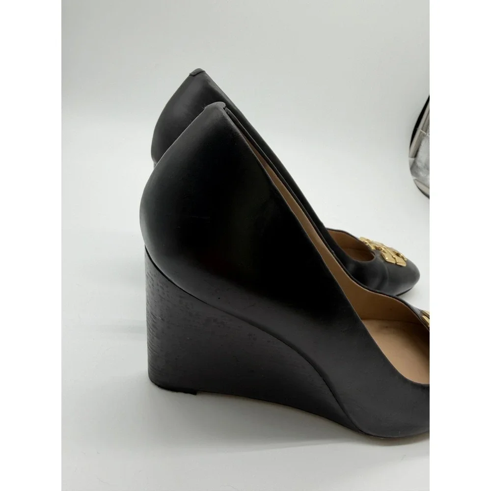 Tory Burch Sally Wedge Heel Black Size 9 Gold Logo